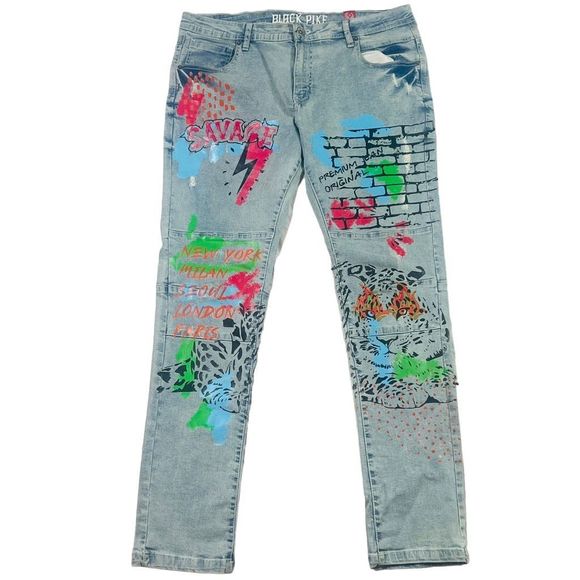 Black Pike Mens Graffiti Spray Paint Savage Distressed Stretch Skinny Denim Jean - Picture 1 of 15